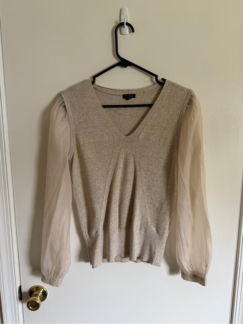Talbots Beige Knit V-Neck Sweater with Subtle Metallic Sheen and Sheer sleeves